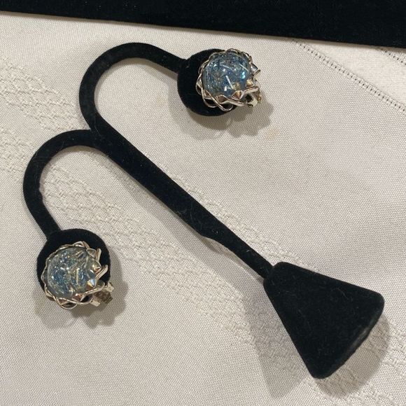 Vintage Silver And Blue Confetti Button Earrings - Picture 7 of 9